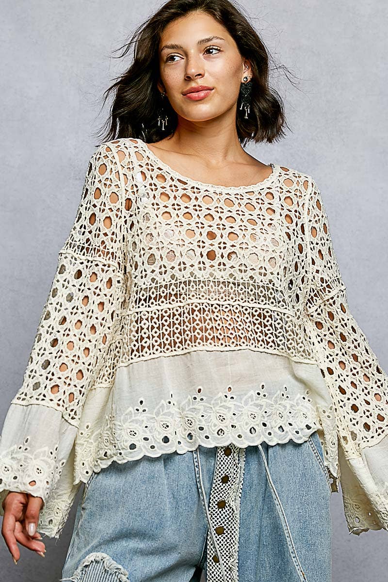 Long Sleeve Round Neck Crochet Top