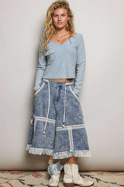 Vintage Washing Lace Ruffle Back Elastic Band Wide Pants