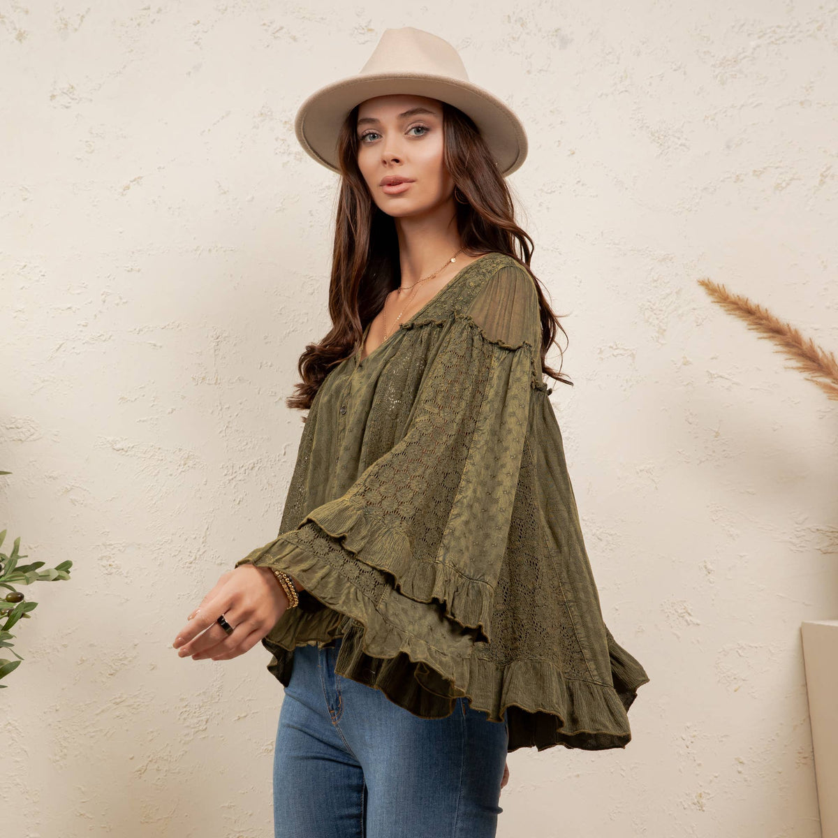 Dreamy Sheer V-Neck Ruffled Button-Front Top