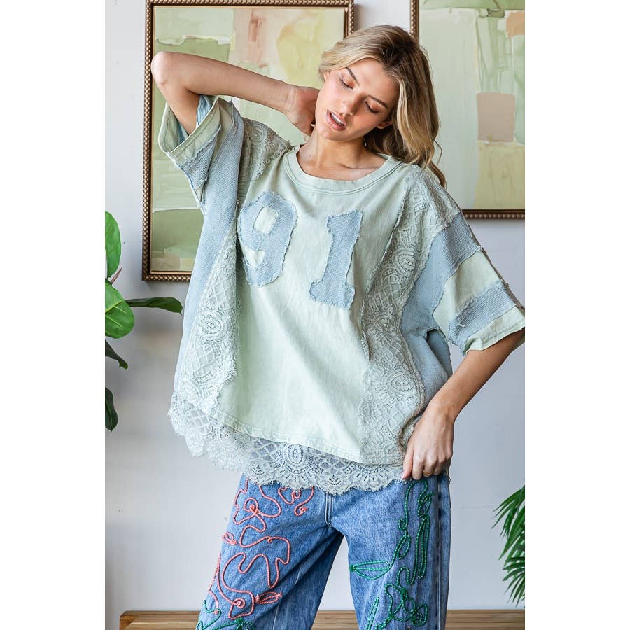 WASHED NUMBER PATCHWORK MIX MEDIA TEE