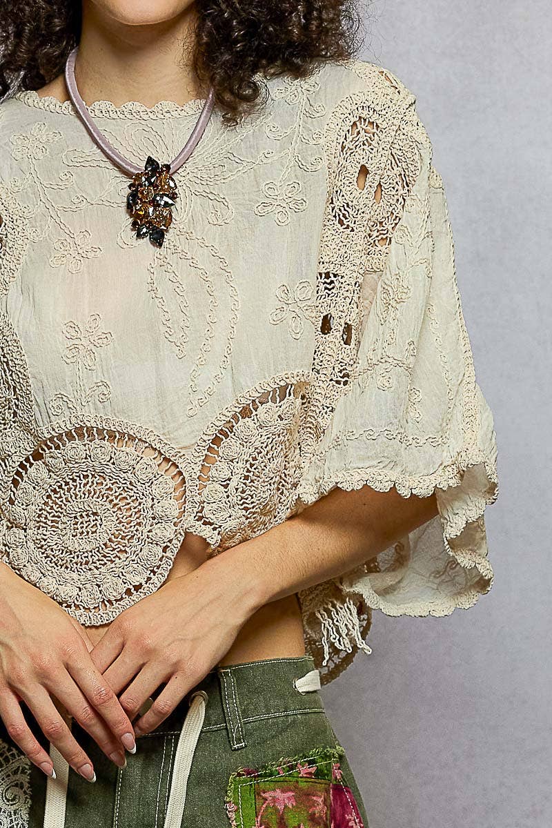 Scalloped knitted border Round Neck Crochet 3/4 Sleeve Top