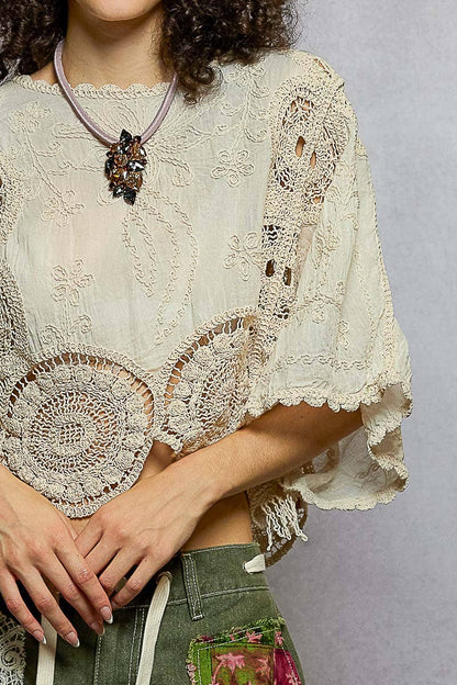 Scalloped knitted border Round Neck Crochet 3/4 Sleeve Top