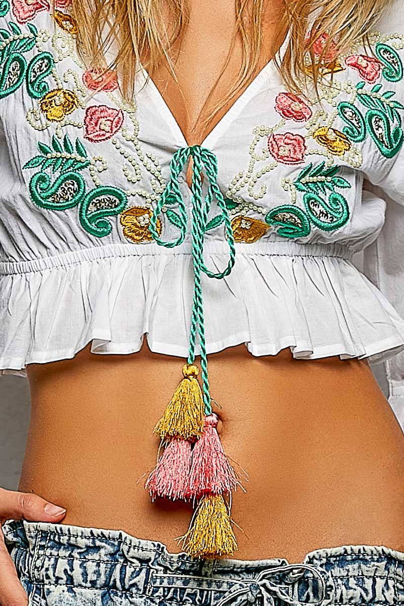 3/4 Sleeve Embroidered Bead Neck Loop Tassel Cotton Top