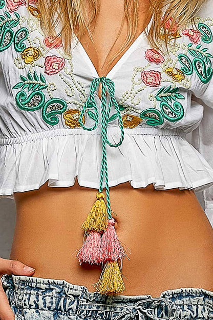 3/4 Sleeve Embroidered Bead Neck Loop Tassel Cotton Top