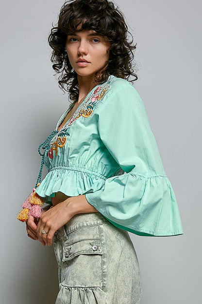 3/4 Sleeve Embroidered Bead Neck Loop Tassel Cotton Top