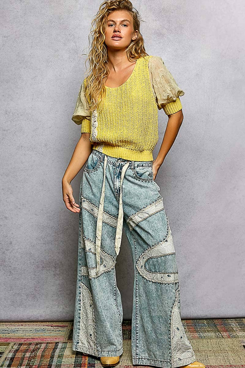 Stud Eyelet Lace Patch Wide Leg Pants