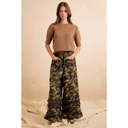 CAMOUFLAGE PRINTED TWILL RUFFLED DETAIL WIDE PANTS