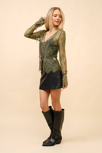 Lace Scallop Beaded Tie Front Sheer Top