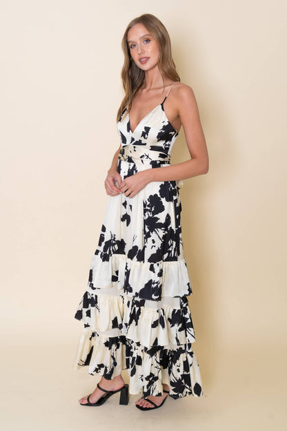 FLORAL V NECK MAXI TIERED RUFFLE DRESS