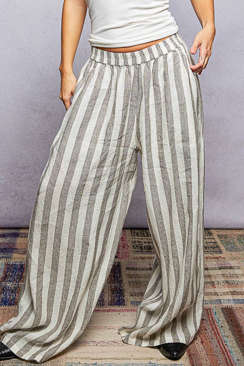 Stripe Elastic Waist Band Linen Wide Pants