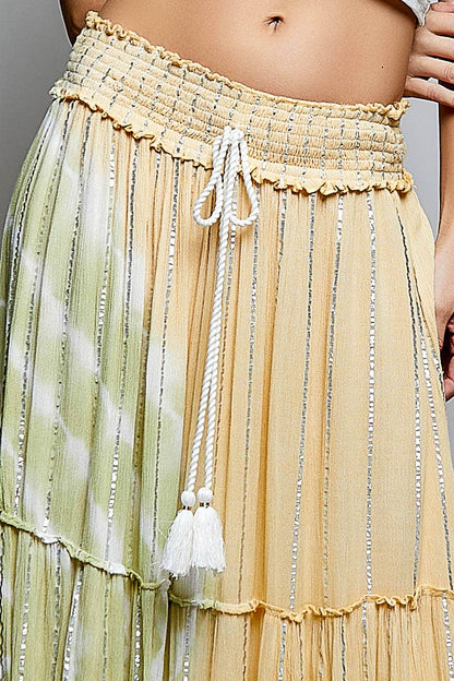 Smocked Waist Tassel Tie Tiered Maxi Skirt