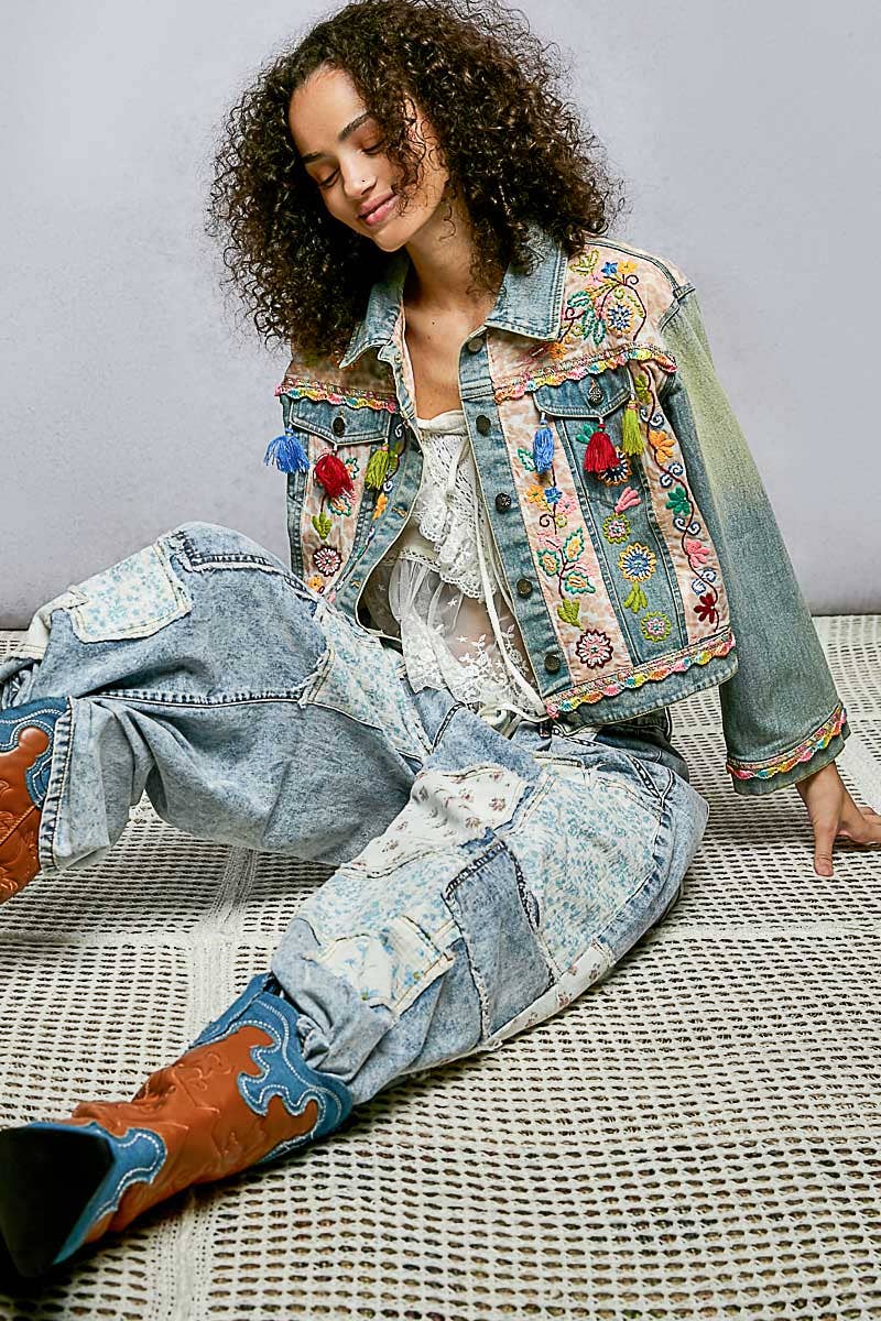 Floral Embroidery Lace Trim Tassel Denim Jacket