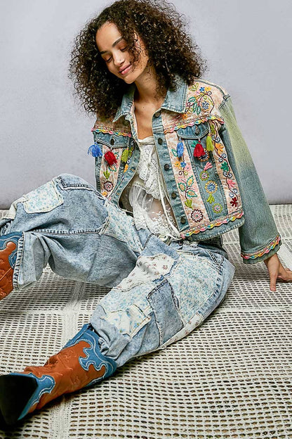 Floral Embroidery Lace Trim Tassel Denim Jacket