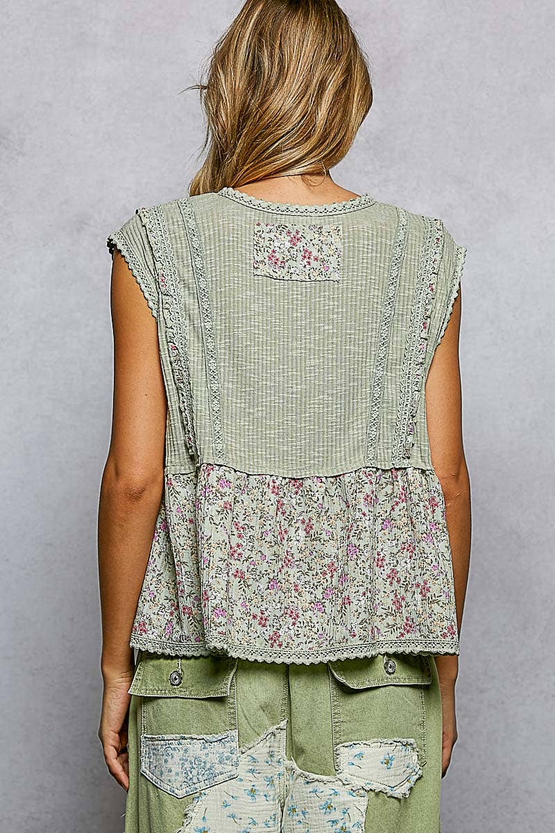 V-neck Floral Ruffle Sleeveless Top