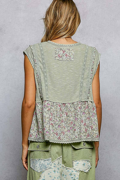 V-neck Floral Ruffle Sleeveless Top