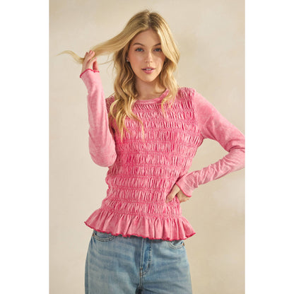 PINK SMOCKED PEPLUM LONG SLEEVE TOP