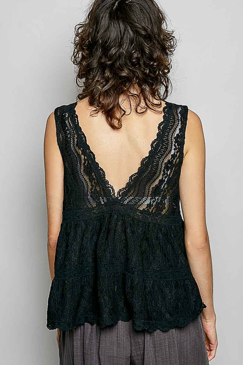 Sleeveless Deep V-neck Lace Trim Knit Top
