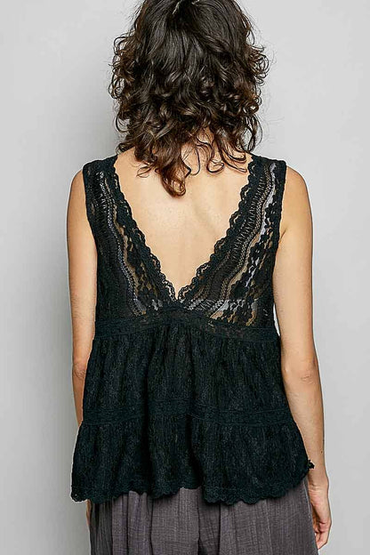 Sleeveless Deep V-neck Lace Trim Knit Top