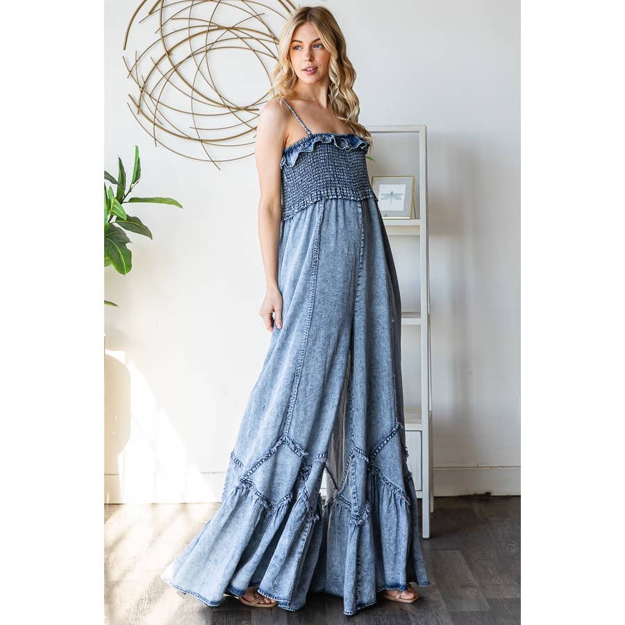 SMOCKED RUFFLE HEM WIDE LEG TENCEL JUMPSUIT
