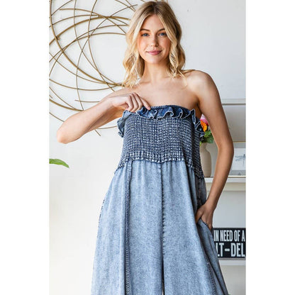 SMOCKED RUFFLE HEM WIDE LEG TENCEL JUMPSUIT