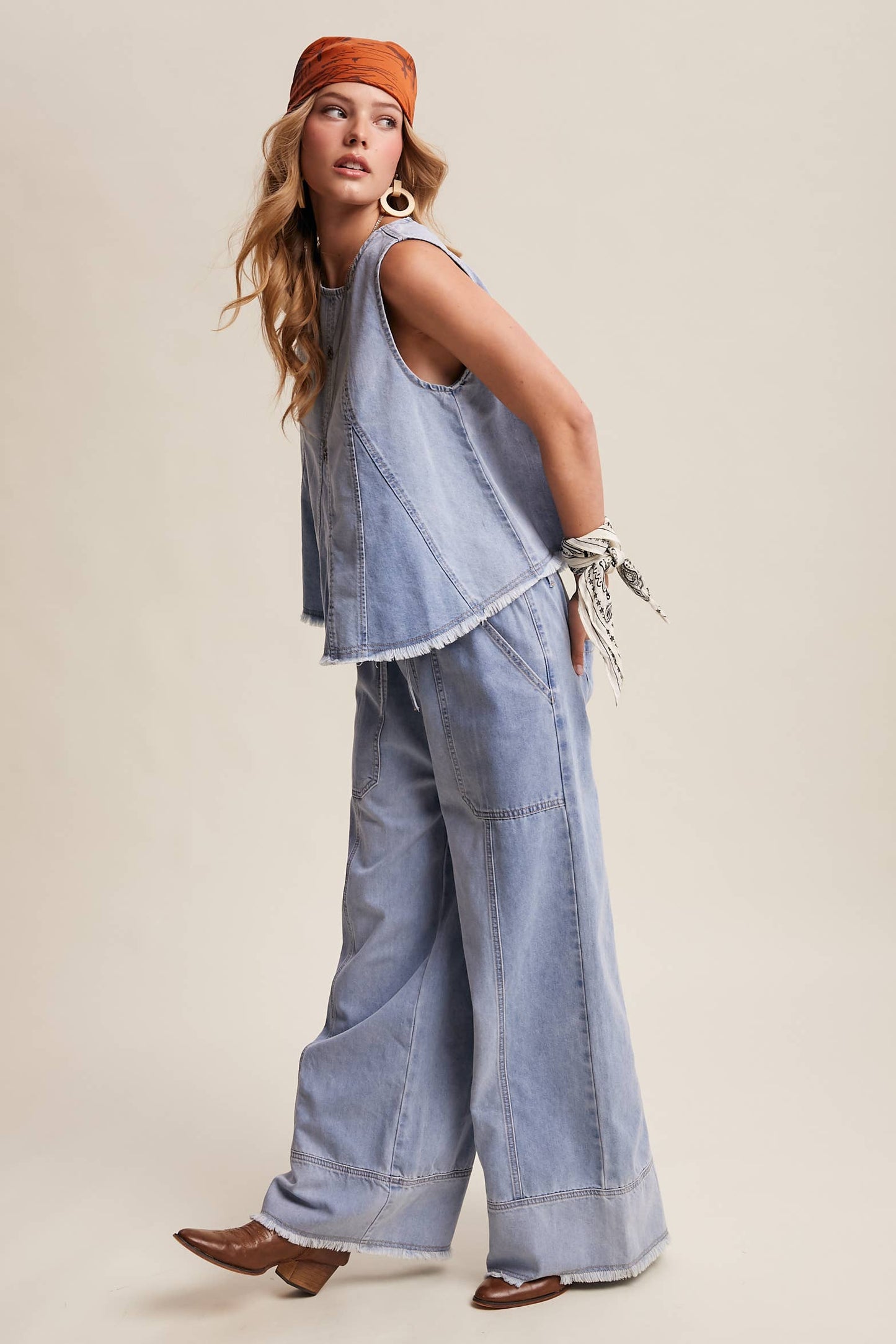 Washed Denim Tank & Wide-Leg Pants Set