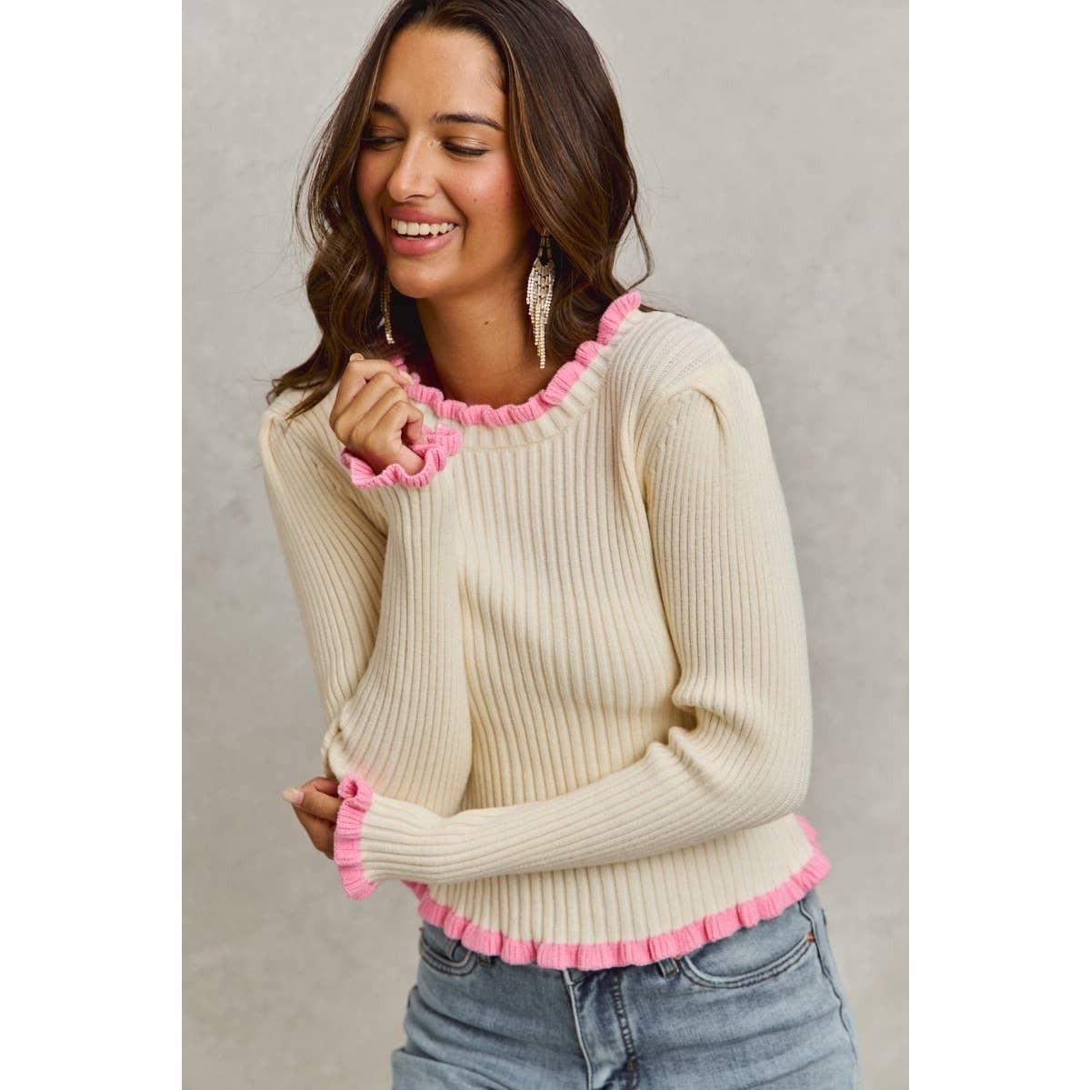 Ruffle Edge Ribbed Sweater Knit Top