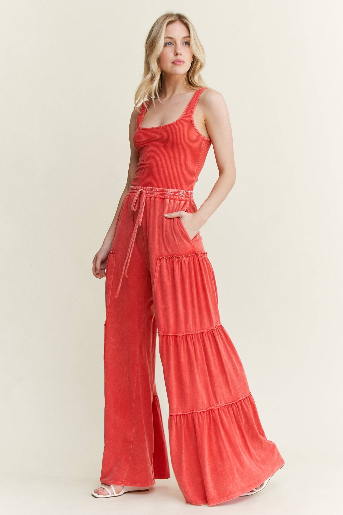 Mineral Washed Tiered Wide Leg Pants