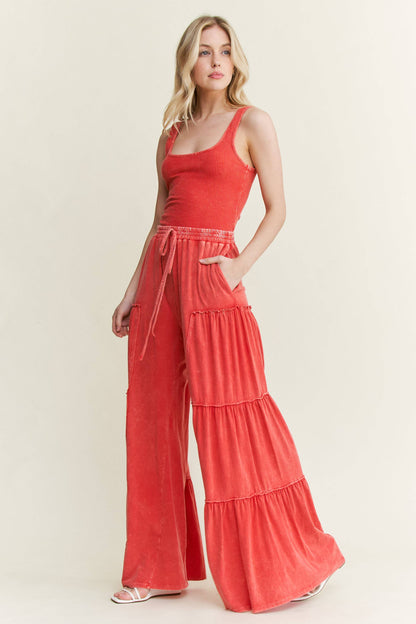 Mineral Washed Tiered Wide Leg Pants