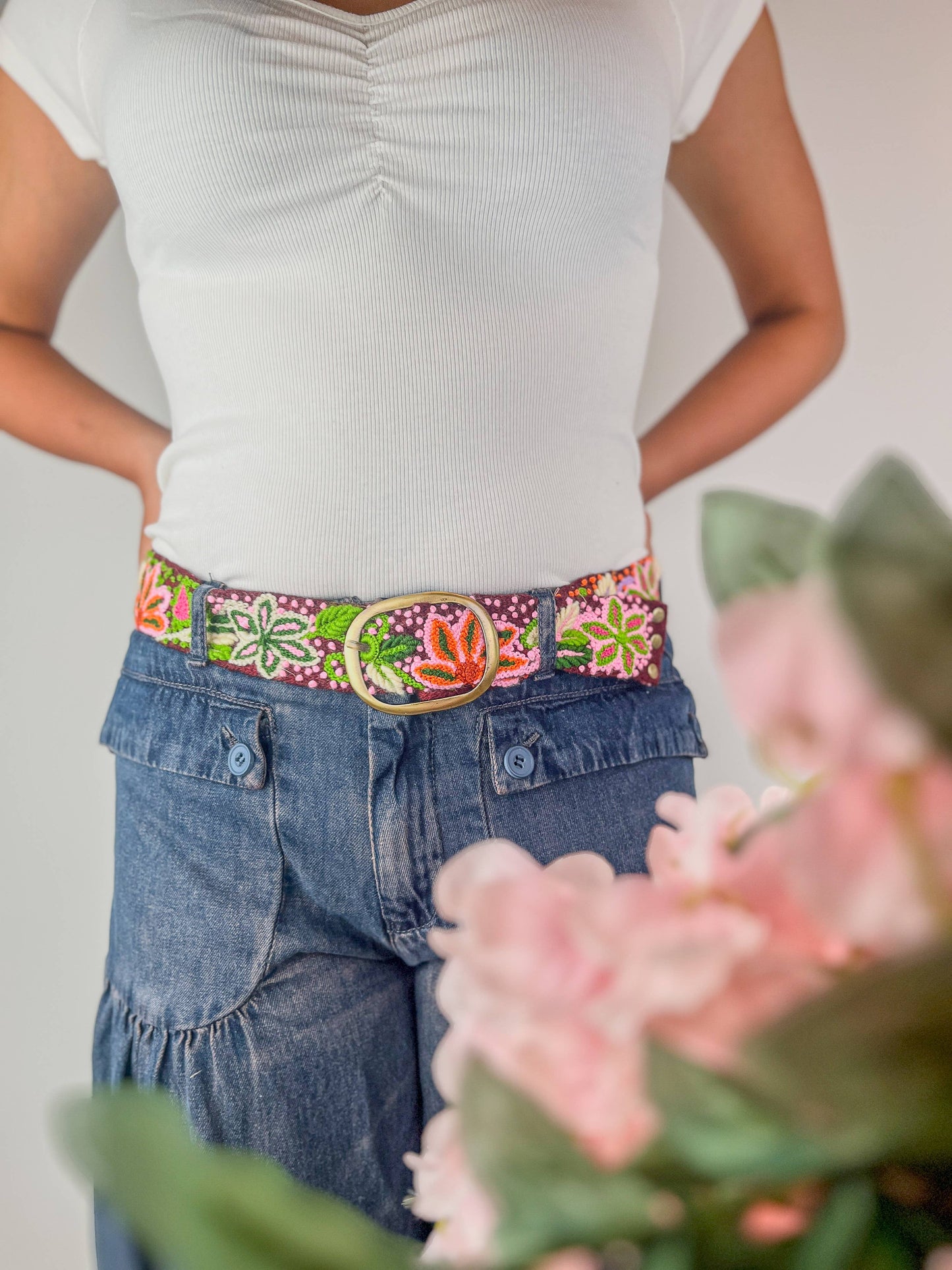 Burgundy Amaryllis Wide Embroidered Belt