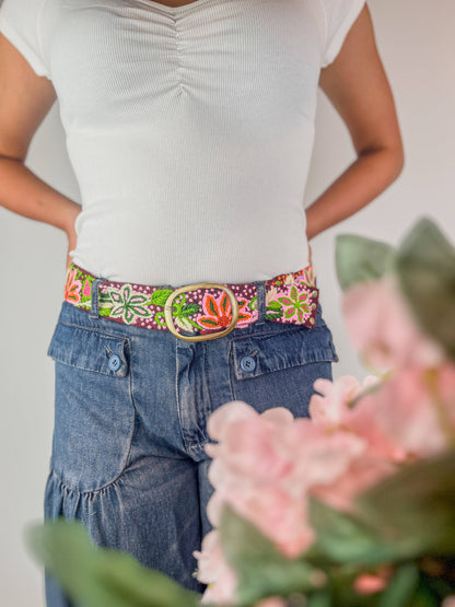 Burgundy Amaryllis Wide Embroidered Belt