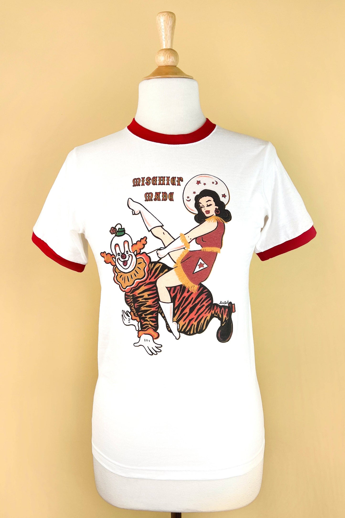 Clown In Around Unisex Ringer Tee in White/Pio Red