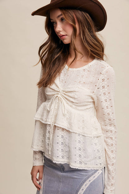 Stretch Lace Tiered Blouse with Drawstring Detail