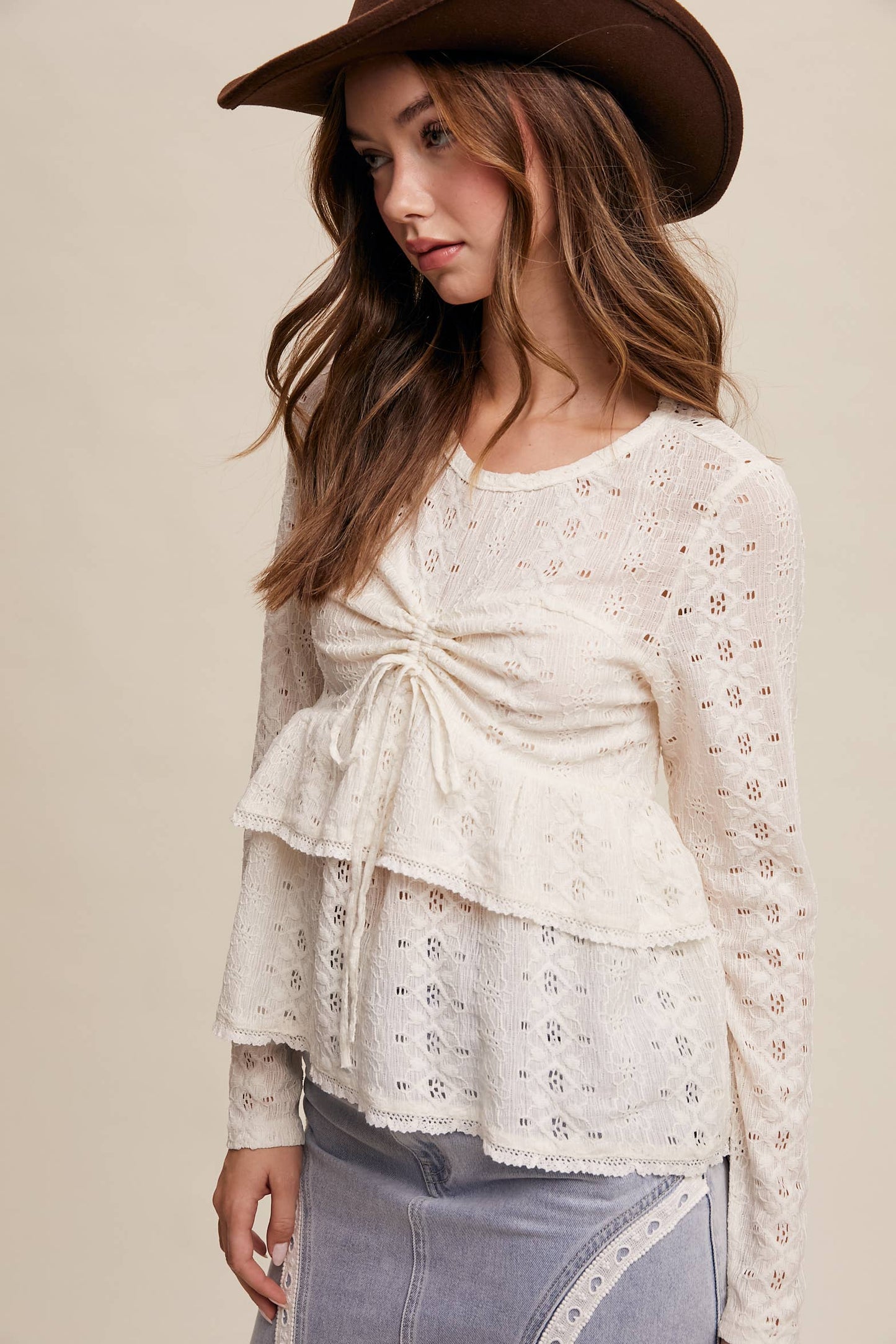 Stretch Lace Tiered Blouse with Drawstring Detail