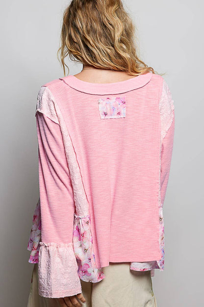 Ribbed Floral Lace Accent Ruffle Trim V-Neck Top