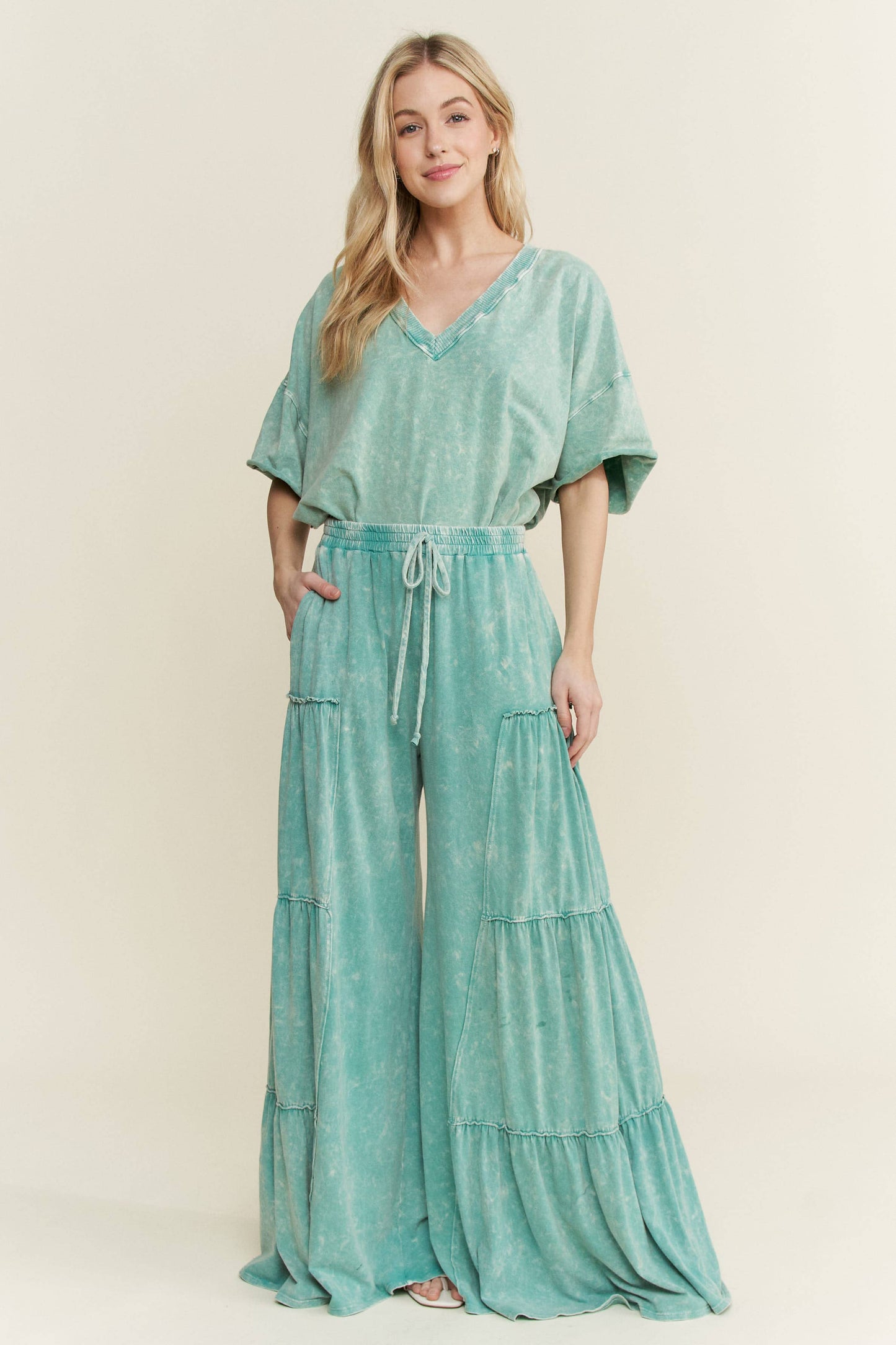 Mineral Washed Tiered Wide Leg Pants