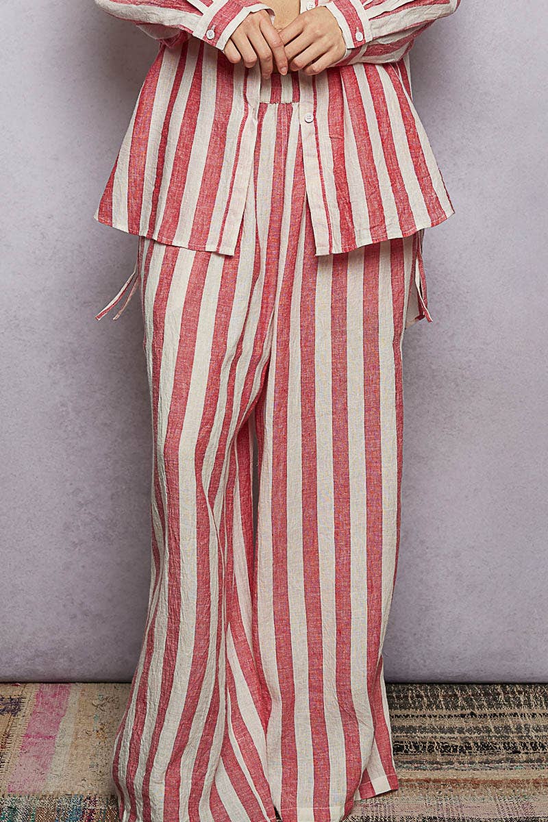 Stripe Elastic Waist Band Linen Wide Pants