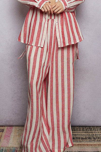 Stripe Elastic Waist Band Linen Wide Pants