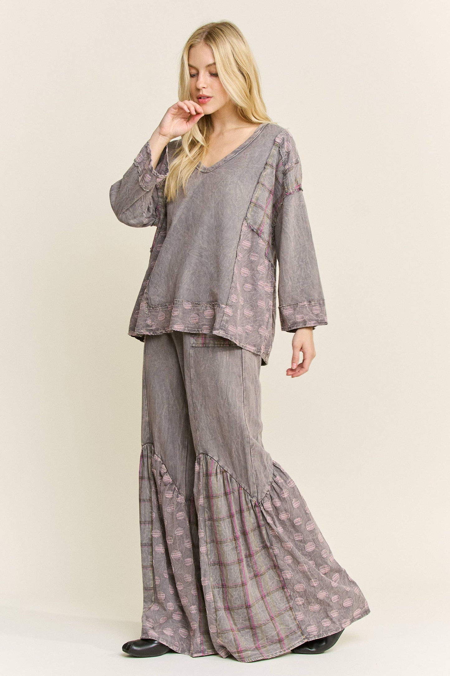 Mineral Washed Boho Pattern Patched Pants