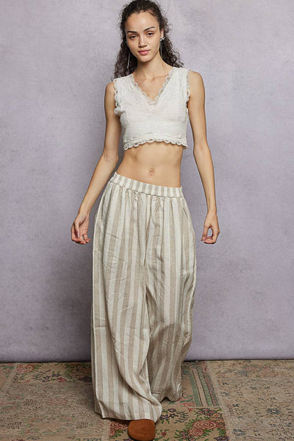 Stripe Elastic Waist Band Linen Wide Pants