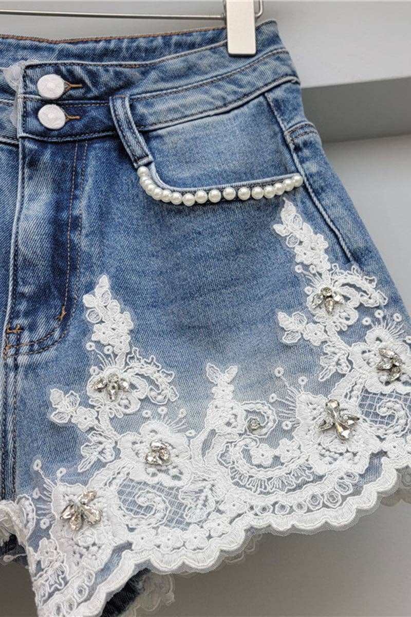 Pearl-Trim Lace Denim Shorts