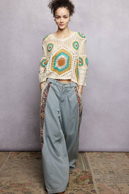 V-Neck Granny Circle Motif Scalloped Edge Crochet Top