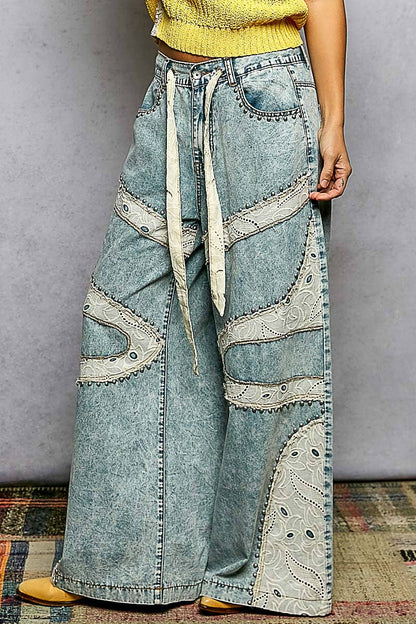 Stud Eyelet Lace Patch Wide Leg Pants