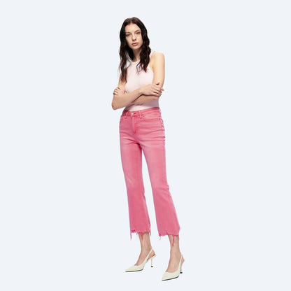 PINK MID RISE CROP FLARE TWILL PANTS WITH FRAYED HEM
