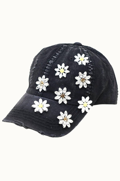 Daisy Bejeweled Bling Distressed Cap, Adjustable Multi colors available