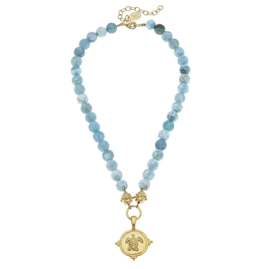 Gold Turtle on Aqua Fire Agate Necklace