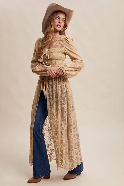 Lace-Up Embroidered Maxi Kimono