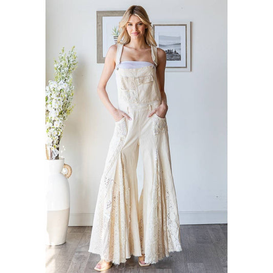 MULTI LACE PATCHWORK WIDE LEG OVERALLS