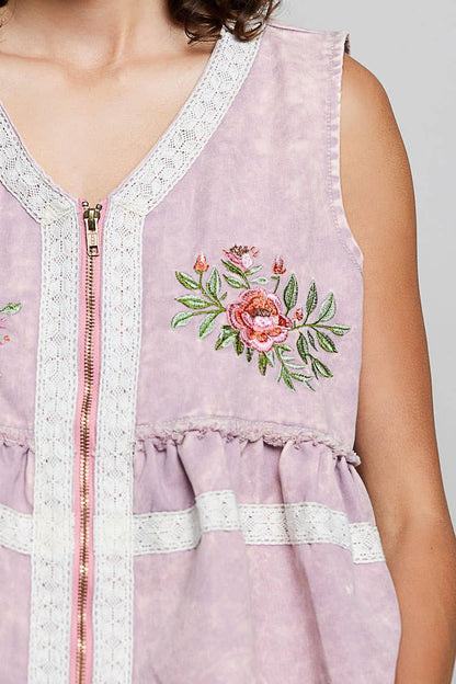 Embroidered Raw Edge Vintage Washing Twill Vest Jacket Top