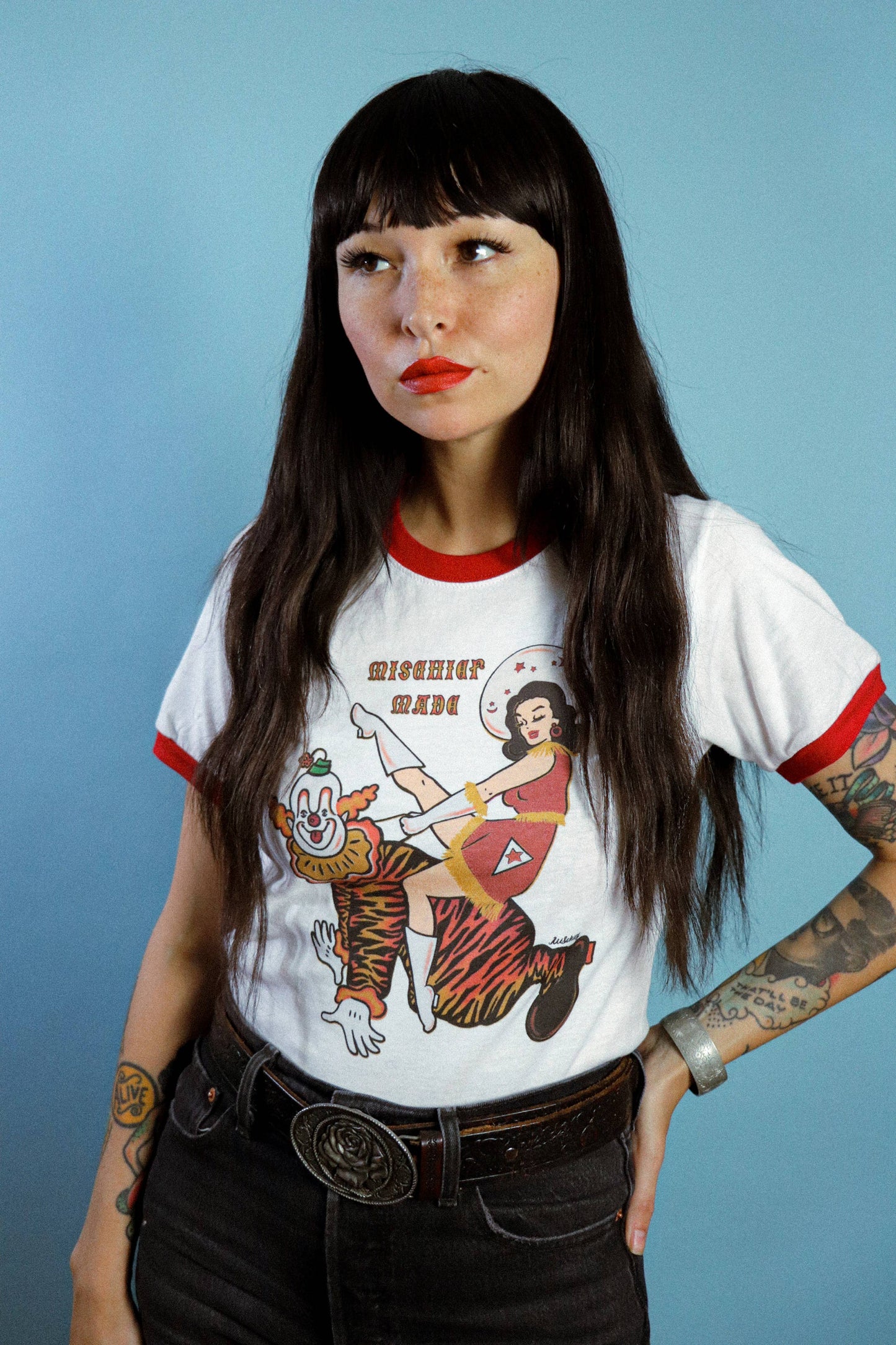 Clown In Around Unisex Ringer Tee in White/Pio Red