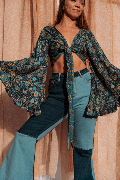 Silk Bell Sleeve Hippie Boho Duster Wrap Top, PLUS size available